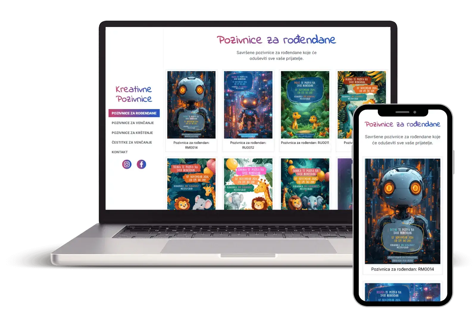 Website for kreativnepozivnice.com – digital invitations for birthdays, baptisms, and weddings
